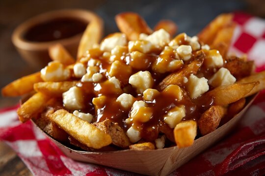 Canadian poutine fries cheese curds and gravy snow festival background
