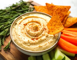 Hummus with tortilla chips and vegetables