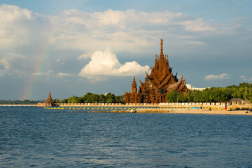 The Sanctuary of Truth wooden temple at sunset in Pattaya, Thailand 