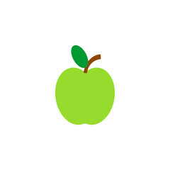 Simple graphic illustration of a green apple with a single leaf and brown stem, isolated on a white background.