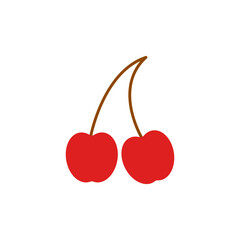 Two bright red cherries connected by a single brown stem, isolated on a plain white background.