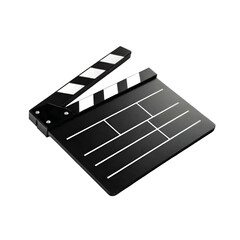 Fototapeta premium A black film clapperboard, a classic piece of cinema equipment used to mark scenes and takes, isolated on a clean transparent background, symbolizing the art and industry of filmmaking