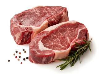 Two raw beef steaks, likely ribeye cuts, seasoned with peppercorns and garnished with a sprig of rosemary, isolated on a white background, ready for grilling or cooking