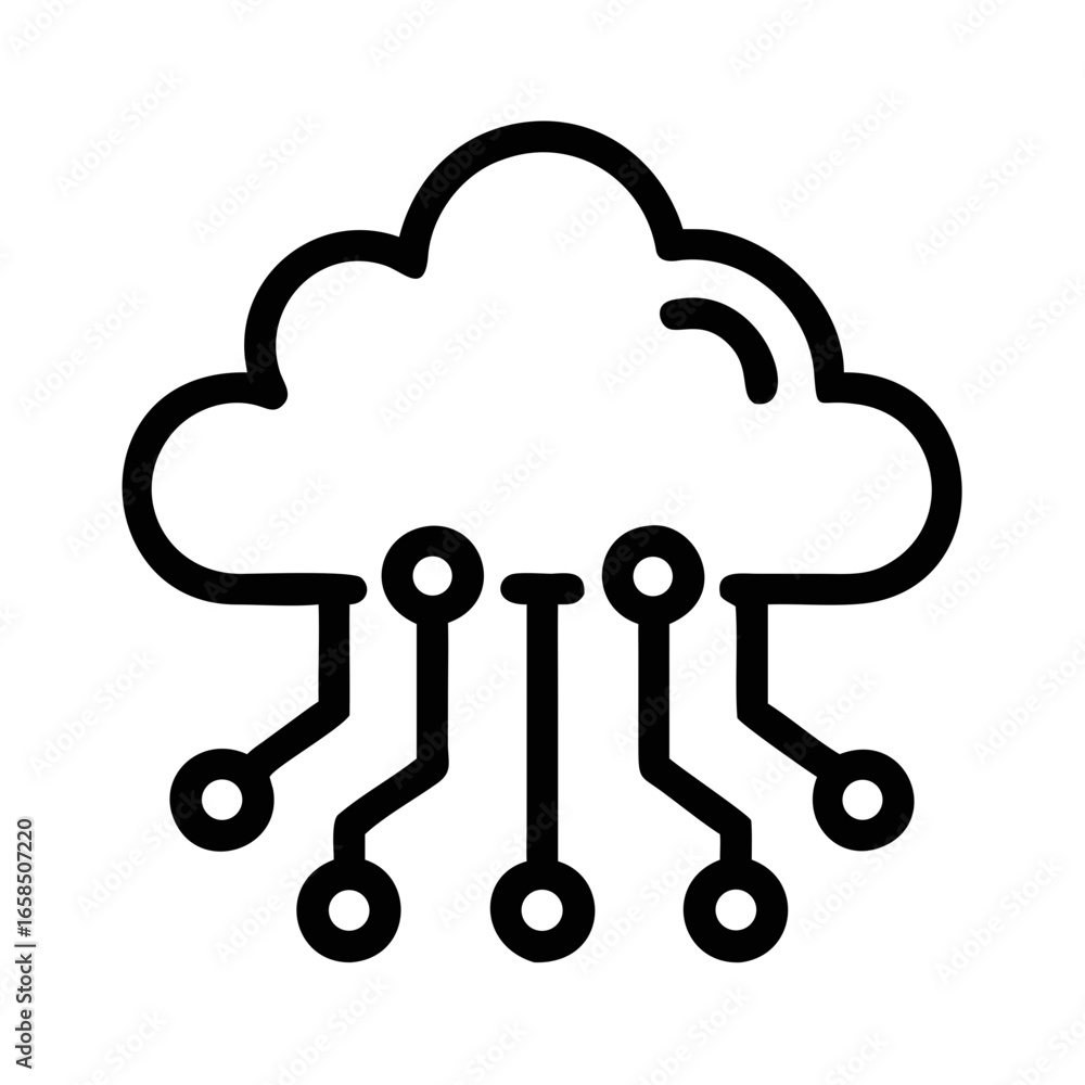 Aufkleber outline icon of a cloud with circuit board connections and nodes on a black background cloud computi