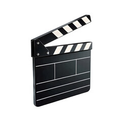 A black film clapperboard with white and black stripes on the hinged top section, isolated on a transparent background, symbolizing the start of a movie production or scene