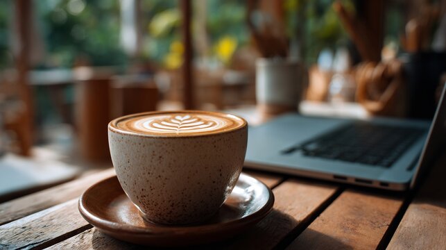 Coffee shop latte art cozy atmosphere laptop lifestyle