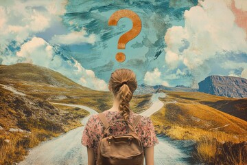 Young woman contemplating a crossroads with a giant question mark above