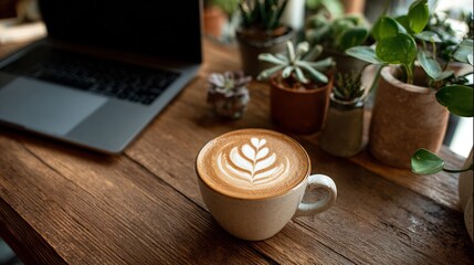 Coffee shop latte art cozy atmosphere laptop lifestyle