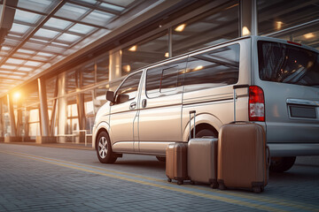 Airport shuttle van parked in designated pickup area, passenger boarding with luggage, transport service concept.