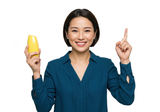 Woman holding yellow object and pointing up isolated on transparent background