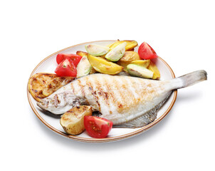 Tasty roasted flounder fish with potatoes, tomatoes and lemon slices isolated on white. Homemade...