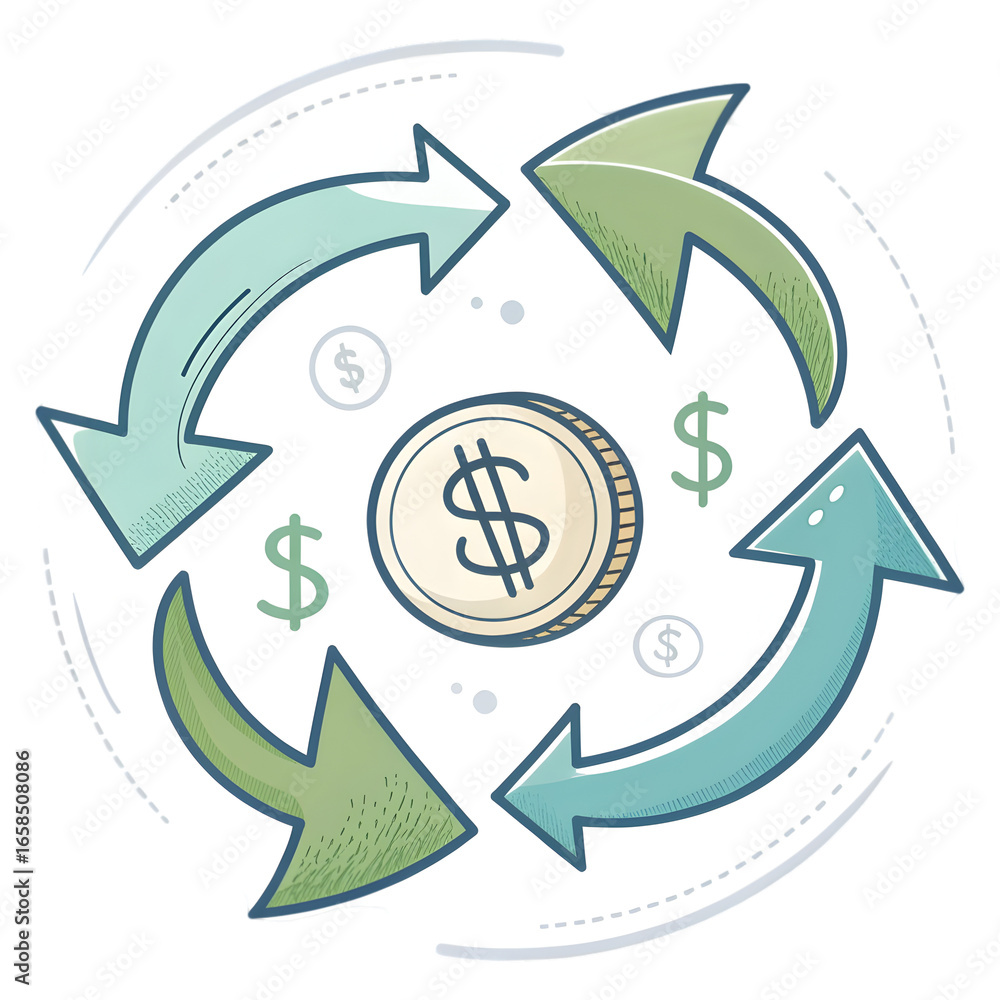 Poster circular arrows around coin with dollar signs isolated on a transparent background business png file