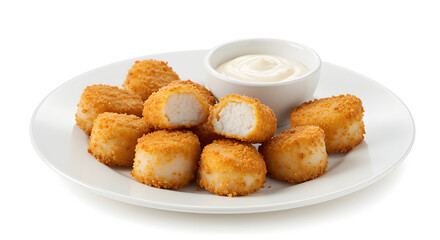 A close-up shot of breaded scallops served with a creamy dipping sauce on a white plate, a delightful culinary experience