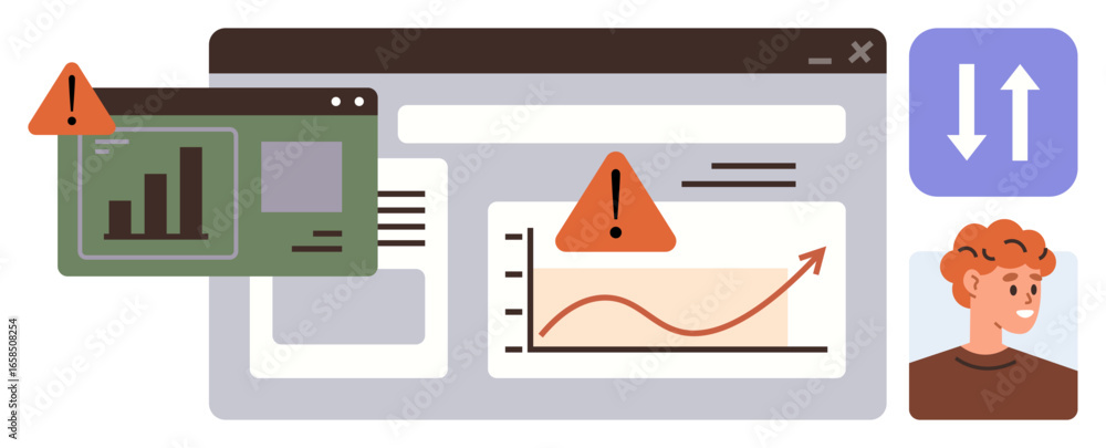 Poster computer screen displays charts, warning signs, and user avatar. graph with upward trend and alert i