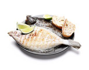 Tasty roasted flounder fish with bread and lime slices isolated on white. Homemade seafood dish