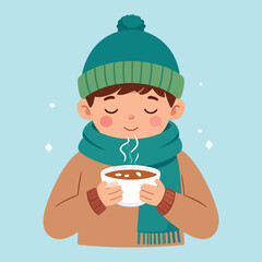 A cheerful young person enjoys a warm beverage, bundled up in winter attire.