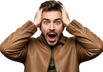Man in leather jacket with shocked expression isolated on transparent background