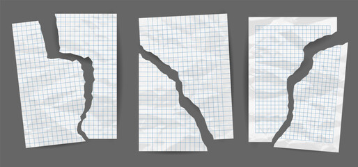 Crumpled notebook sheets torn in half. White ripped and crumpled notes and scraps with torn edges isolated on gray background. Blank paper pages pieces, vector realistic illustration