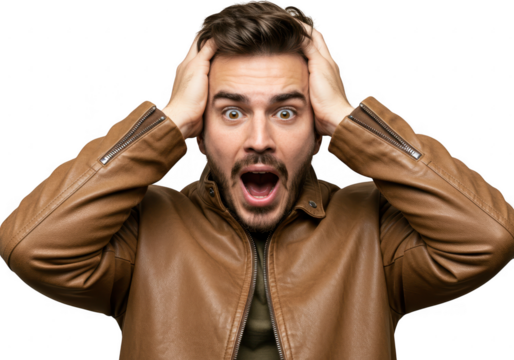 Man in leather jacket with shocked expression isolated on transparent background