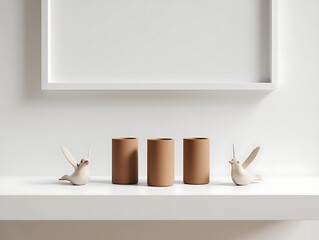 Minimalist Scandinavian Home Decor with Ceramic Bird Figurines and Cylindrical Vases on a White Shelf under a White Frame