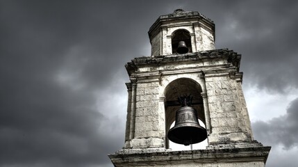 Aged stone bell tower against stormy sky