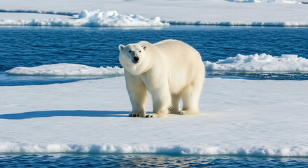 Majestic polar bear standing on Arctic ice floe, surrounded by blue water and snow.