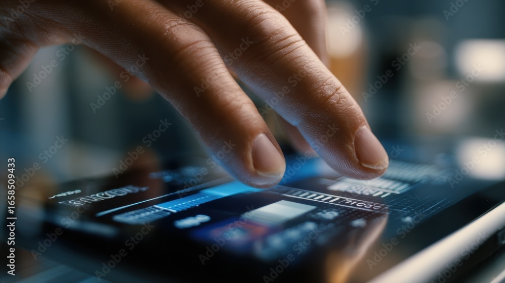 Poster medium shot showing a hand adjusting a slider labeled epsilon on a touchscreen device foreground in 
