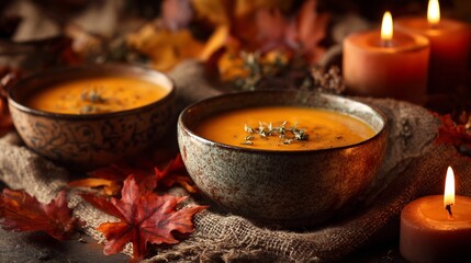 Cozy autumn pumpkin soup leaves and candles seasonal mood