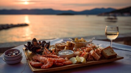 Croatian seafood platter Adriatic coast sunset background