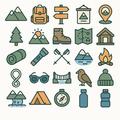 Outline Handdrawn Adventure Travel and Camping Element with Line Style Icon Set