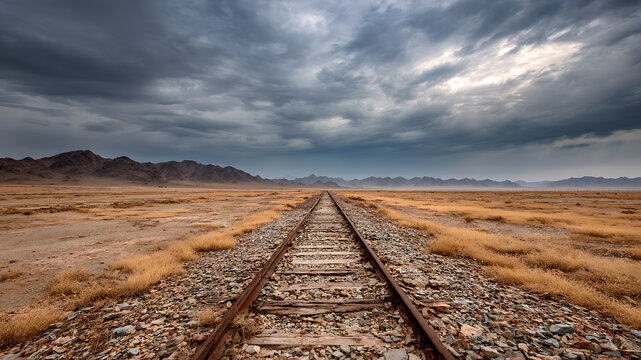 Weathered Rails to Infinity Under a Dramatic, Stormy Desert Sky - Powered by Adobe