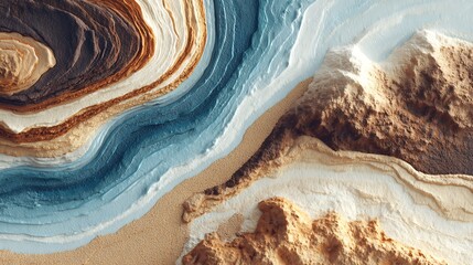Abstract swirling layers of earth tones and teal isolated on white background