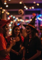 Vibrant Halloween night celebration Friends in creative costumes enjoying the festive atmosphere with sparkling bokeh lights in the background, sharing laughter