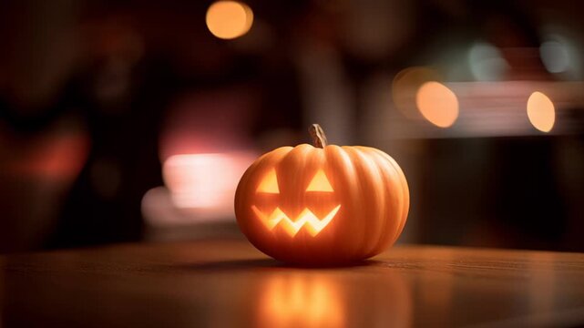 Glowing carved orange pumpkin jack o lantern with triangular eyes jagged zigzag mouth wooden surface creating warm Halloween ambiance blurred
