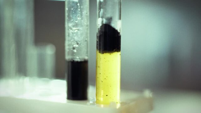 Two test tubes are placed in a laboratory. One contains a yellow liquid, while the other has black solid material. The experiment appears to illustrate a chemical reaction in progress