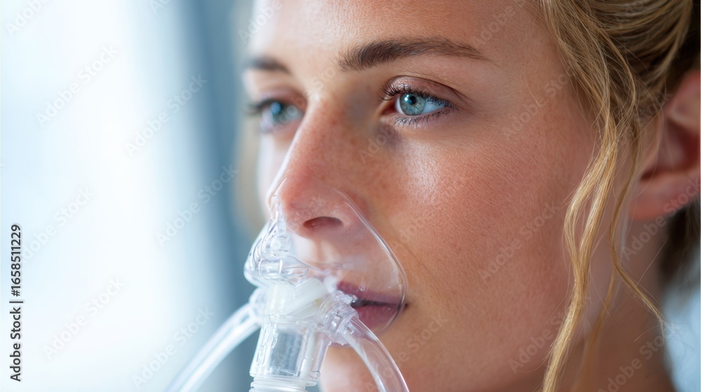 Poster posth5n1 patient in medium shot carefully inhaling via incentive spirometer shallow depth of field d