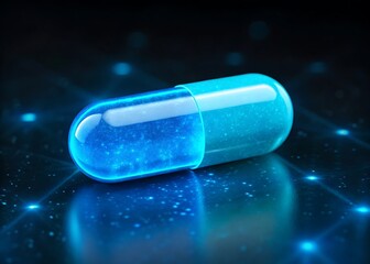 Futuristic blue capsule pill with glowing particles on a dark background, representing advanced medicine, digital health, and innovative pharmaceutical technology