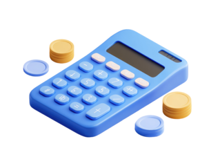 A light-blue calculator with gold and light-blue coins arranged around it.  3D render of a financial tool