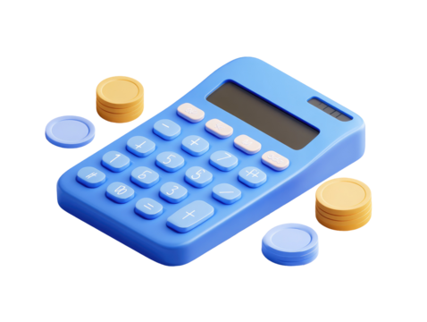 A light-blue calculator with gold and light-blue coins arranged around it.  3D render of a financial tool
