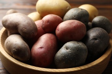 Different types of potatoes in bowl on table, closeup