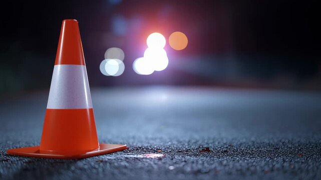 Traffic cone reflective safety warning on dark asphalt road at night with blurred lights creating moody and tense atmosphere for road safety
