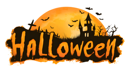 Spooky Halloween night scene with haunted castle, full moon, bats, and dripping orange text for festive decorations  isolated on white background