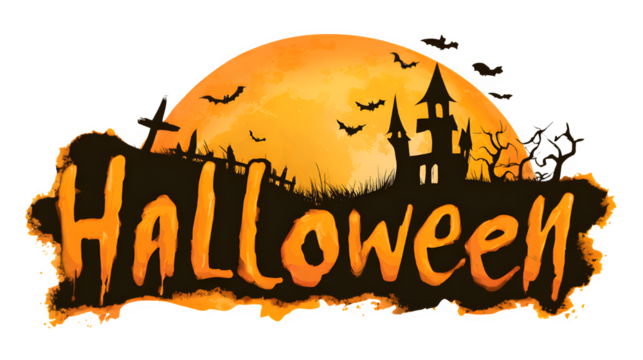 Spooky Halloween night scene with haunted castle, full moon, bats, and dripping orange text for festive decorations  isolated on white background