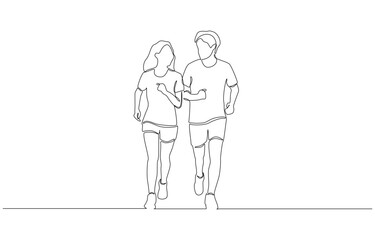 Continuous one line drawing of couple jogging side by side, symbolizing health, companionship, and shared motivation, single line art