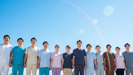 青空で手を繋ぐスクラブを着た医療従事者 - Powered by Adobe