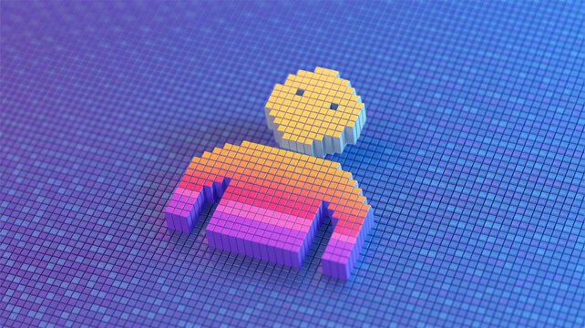 Pixelated person icon representing user profile or digital presence with vibrant gradient colors