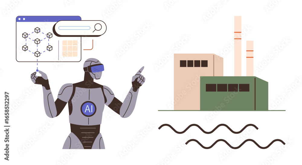 Poster ai robot analyzing digital processes with search console, interacting with a factory and automation 