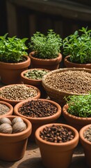 A beautiful, aromatic display of fresh green herbs and assorted dried spices, thoughtfully presented in rustic terracotta pots, ideal for natural cooking and enhancing flavors