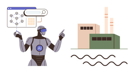AI robot analyzing digital processes with search console, interacting with a factory and automation lines. Ideal for technology, industry, innovation, AI, robotics, manufacturing, efficiency simple