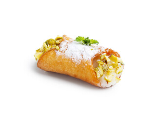 Delicious cannoli with cheese, pistachios, powdered sugar and mint isolated on white